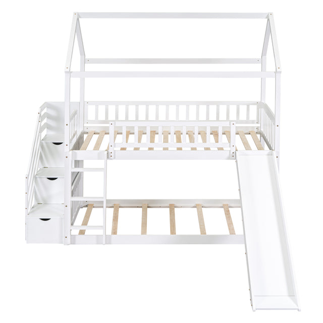Twin Over Twin Bunk Bed with Drawers and Slide, House Bed with Slide,White(OLD SKU :LT000215AAK)