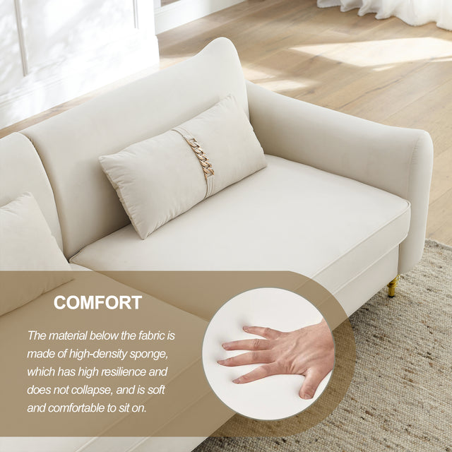 80.3" Modern Sofa Couch Upholstered Sofa Tufted Back Comfy Velvet Long Couch with 2 Pillows and Golden Legs for Living Room, Bedroom, Office, Apartment, Beige