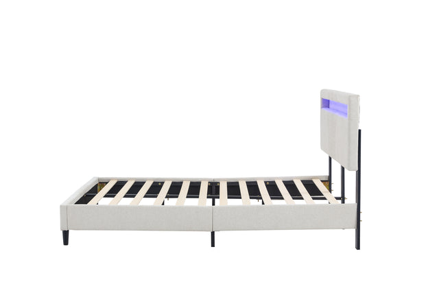 King Size Bed Frame, Modern Upholstered Platform Bed Frame with LED Lights and Height Adjustable Headboard, No Box Spring Needed/Easy Assembly/Pack in 1-Box/Noise-Free (Off white, King)