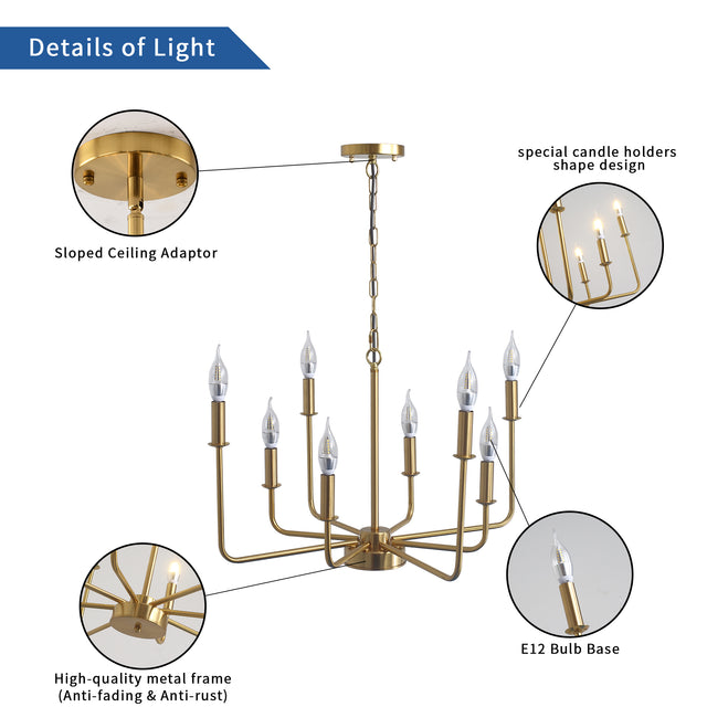 Modern American candle-shaped golden iron chandelier -8 bulbs -E12 lamp holder