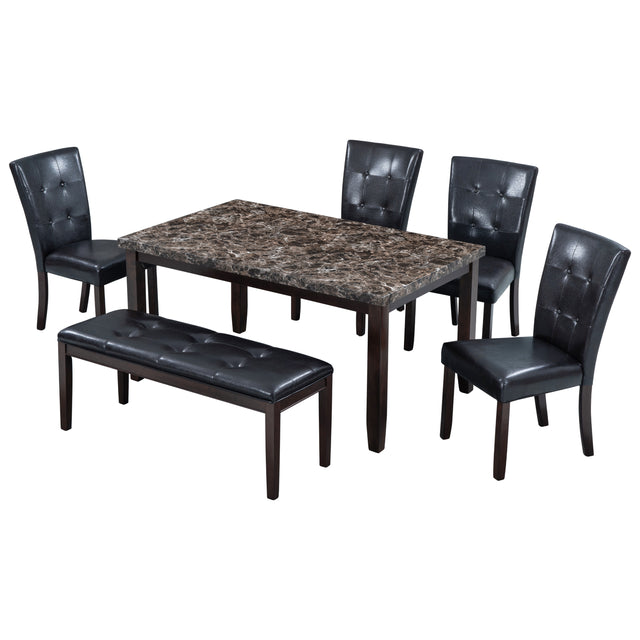 6-piece Faux Marble Dining Table Set with one Faux Marble Dining Table ,4 Chairs and 1 Bench, Table: 60”x38”x 30”,Chair: 20.2”x28.5”x39”, Black