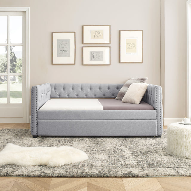 Daybed with Trundle Upholstered Tufted Sofa Bed, with Button and Copper Nail on Square Arms,Full Daybed & Twin Trundle, Grey(85“x57”x31.5“)