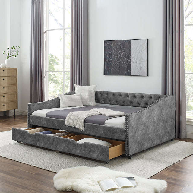 Full Size Daybed with Drawers Upholstered Tufted Sofa Bed, with Button on Back and Copper Nail on Waved Shape Arms,Grey(80.5“x55.5”x27.5“)