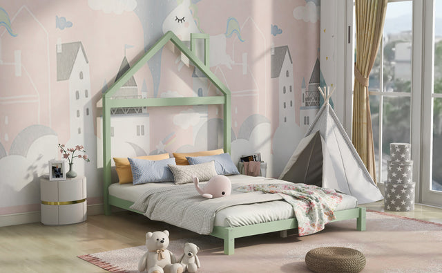 Full Size Wood Platform Bed with House-shaped Headboard (Green)