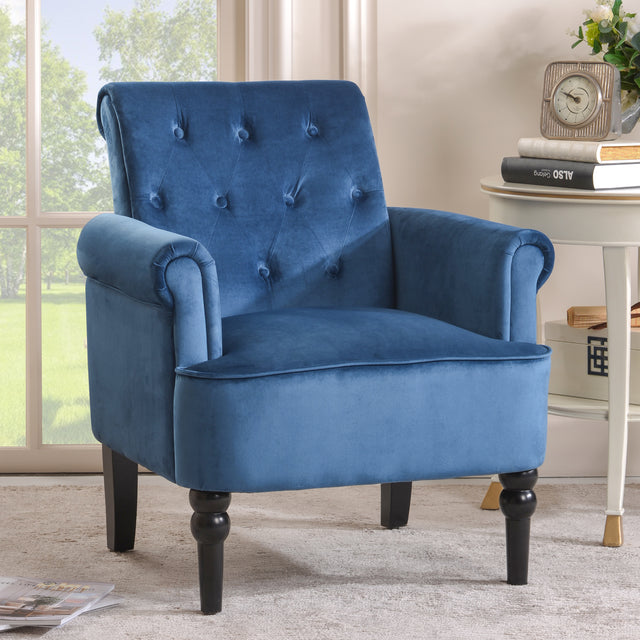 Elegant Button Tufted Club Chair Accent Armchairs Roll Arm Living Room Cushion with Wooden Legs, Navy Blue