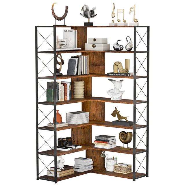 7-Tier Bookcase Home Office Bookshelf, L-Shaped Corner Bookcase with Metal Frame, Industrial Style Shelf with Open Storage, MDF Board