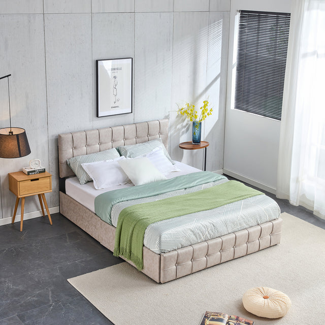 Upholstered Storage Bed Frame with 4 Drawers and Adjustable Headboard, Square Stitched Button Tech cloth, Platform Beds Frame with Wood Slat Support, No Box Spring Needed, Queen Size, Beige