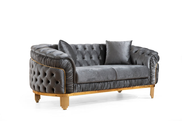 Vanessa Loveseat Livingroom Set in Grey and Gold with Fabric button-tufted velvet upholstery Finish