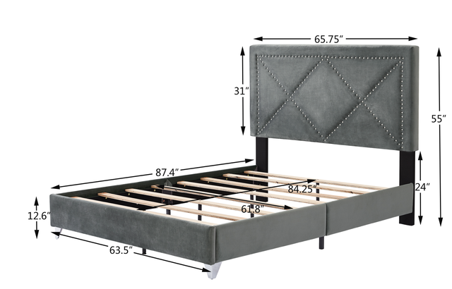 B109 Soft mattress with copper nail headboard, Queen bed, strong wooden slats + metal support feet, Gray Flannelette