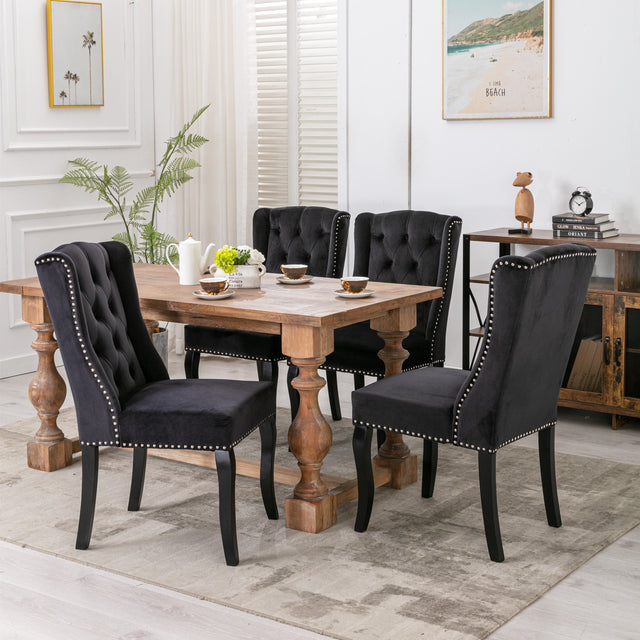 A&A Furniture,Wingback Dining Chair,Traditional Tufted Upholstered America Luxury Chairs, Country Cottage Farm Beach Dining Kitchen Vintage Style Side Chair, Velvet Fabric Wood, Set of 2,Black