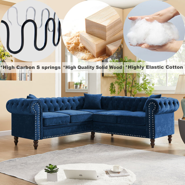 MH 80" Deep Button Tufted Upholstered Roll Arm Luxury Classic Chesterfield L-shaped Sofa 3 Pillows Included, Solid Wood Gourd Legs, Blue velvet