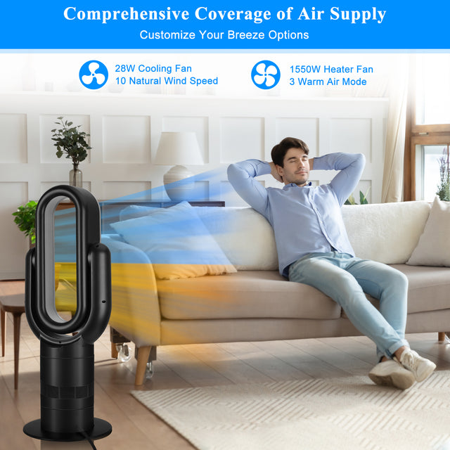 HealSmart 26-inch Space Heater Bladeless Tower Fan, Heater & Coolingn Combo, with Remote Control, for Home Air Conditioner, black