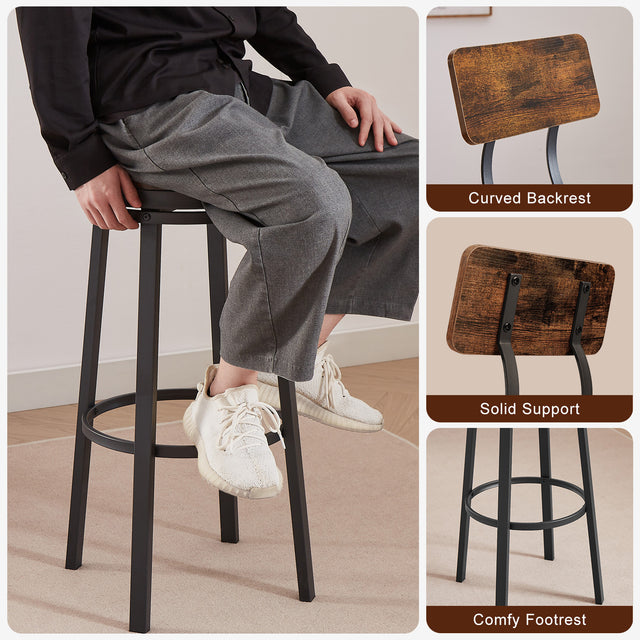 Swivel bar stool set of 2 with backrest, industrial style, metal frame, 29.5'' high.(Rustic Brown,13.4’’w x 40.5’’h)