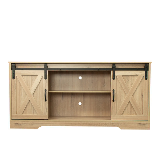 TV Stand Sliding Barn Door Modern&Farmhouse Wood Entertainment Center, Storage Cabinet Table Living Room with Adjustable Shelves for TVs Up to 65", Rustic Oak