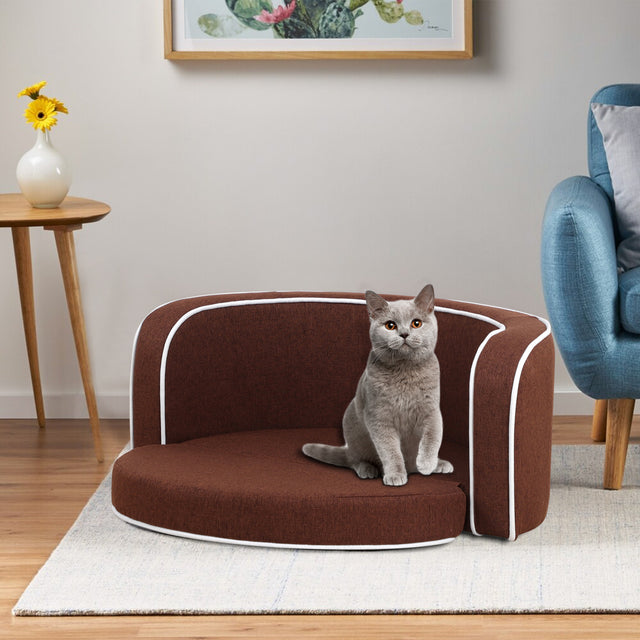 30" Brown Round Pet Sofa, Dog sofa, Dog bed, Cat Bed, Cat Sofa, with Wooden Structure and Linen Goods White Roller Lines on the Edges Curved Appearance pet Sofa with Cushion