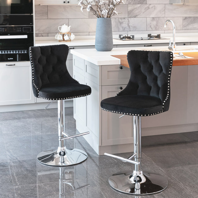A&A Furniture,Swivel Velvet Barstools Adjusatble Seat Height from 25-33 Inch, Modern Upholstered Chrome base Bar Stools with Backs Comfortable Tufted for Home Pub and Kitchen Island(Black,Set of 2)