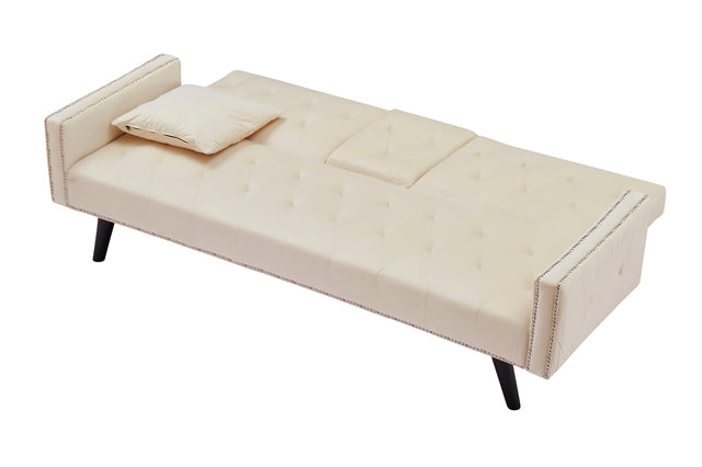 1730 Sofa Bed Armrest with Nail Head Trim with Two Cup Holders 72" Beige Velvet Sofa for Small Spaces