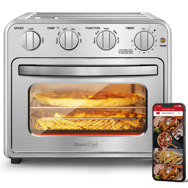 Geek Chef Air Fryer Toaster Oven Combo, 4 Slice Toaster Convection Air Fryer Oven Warm, Broil, Toast, Bake, Air Fry, Oil-Free, Accessories Included, Stainless Steel, Silver(16QT Air Fryer Oven) Ban on