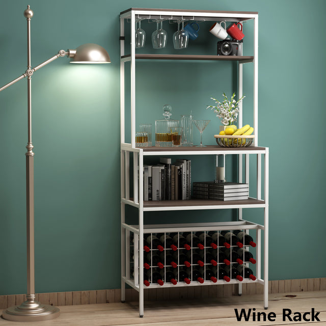 TOPMAX Updated Industrial Modern 5-Tier Baker Rack, Freestanding Bar Wine Rack Table with Glass& Cup Holders&Hooks, Dark Brown