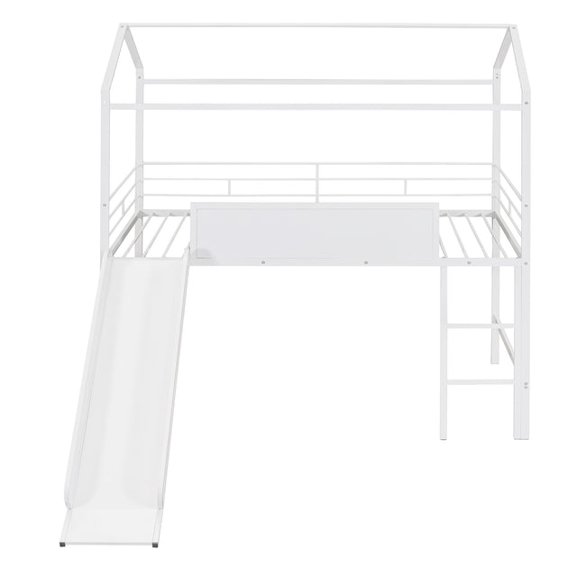 Metal House Bed With Slide, Twin Size Metal Loft Bed with Two-sided writable Wooden Board (White )