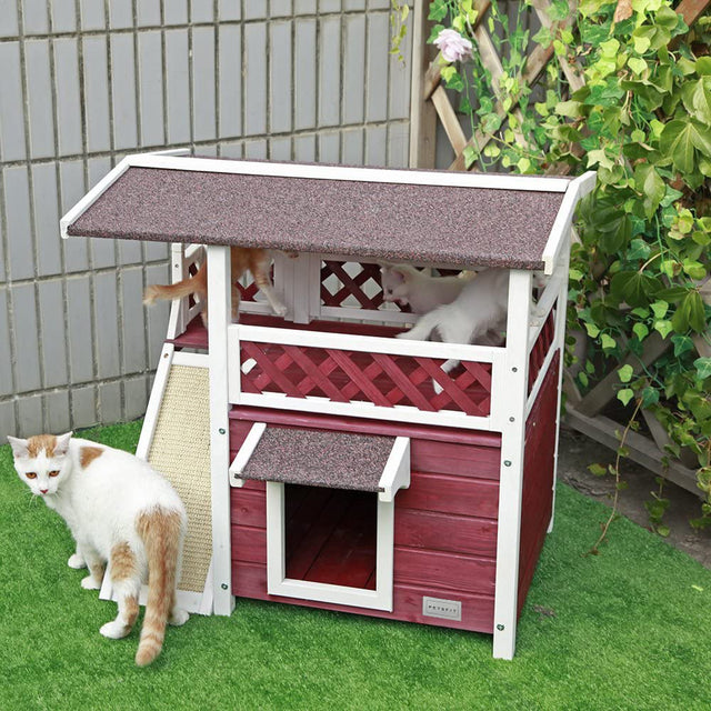Cat House for Outdoor Cats Weatherproof with Scratching Pad and Escape Door