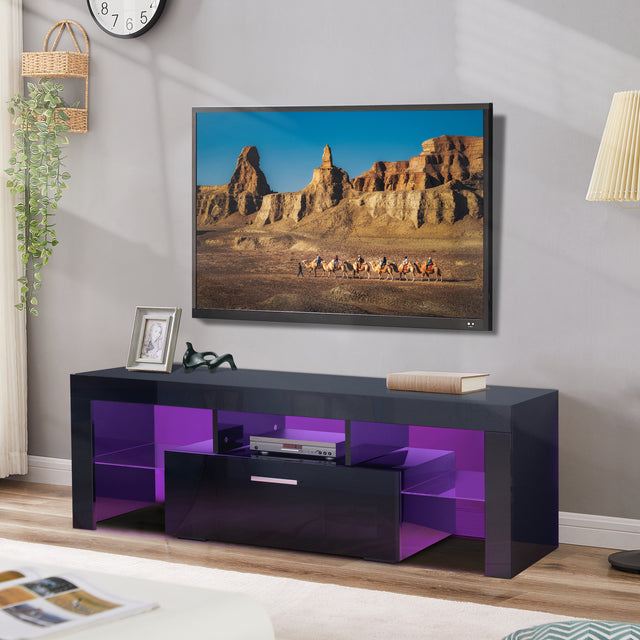 20 minutes quick assemble,Black morden TV Stand with LED Lights,high glossy front TV Cabinet,can be assembled in Lounge Room, Living Room or Bedroom,color:BLACK