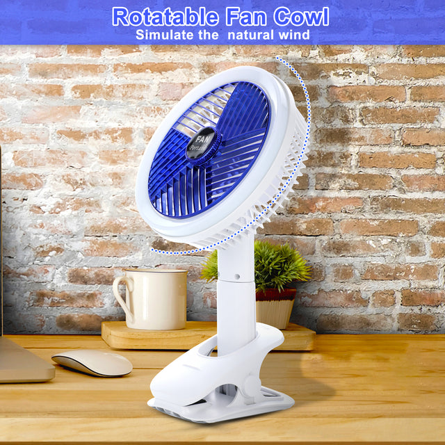 Clip on Fan with LED Lamp, Rechargeable Desk Fan, 4 Speed 360°Rotating Detachable Clamp Fan, Battery Powered USB Camping Fan Portable for Cart RV Car Travel Camping Tent Workout Treadmill Bed Desk