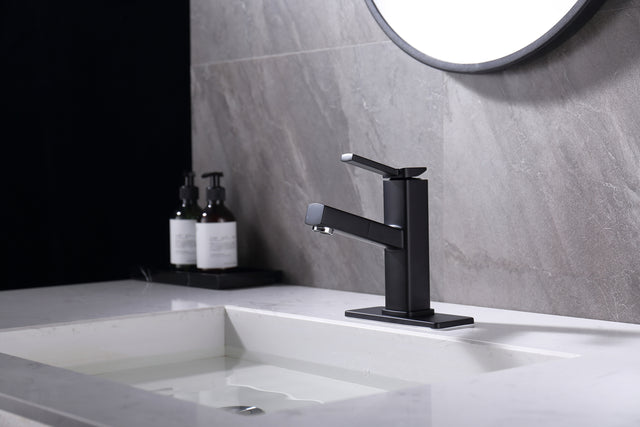 Bathroom Sink Faucet with Pull Out Sprayer, Single Handle Basin Mixer Tap for Hot and Cold Water, Lavatory Pull Down Vessel Sink Faucet with Rotating Spout