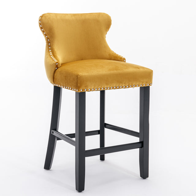 A&A Furniture,Contemporary Velvet Upholstered Wing-Back Barstools with Button Tufted Decoration and Wooden Legs, and Chrome Nailhead Trim, Leisure Style Bar Chairs,Bar stools,Set of 2 (Gold),SW1824GL