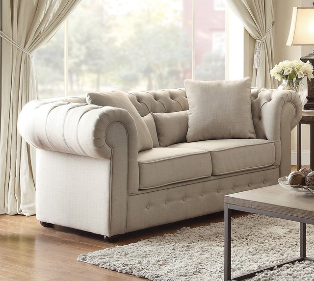 Luxurious Style 1pc Loveseat Beige Button-Tufted with 4 Pillows Fabric Upholstered Classic Look Living Room Furniture
