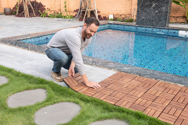 10 PCS Interlocking Deck Tiles Checker Pattern, 12" x 12" Square Acacia Hardwood Outdoor Flooring for Patio, Bancony, Pool Side,...