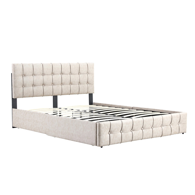 Upholstered Storage Bed Frame with 4 Drawers and Adjustable Headboard, Square Stitched Button Tech cloth, Platform Beds Frame with Wood Slat Support, No Box Spring Needed, Queen Size, Beige