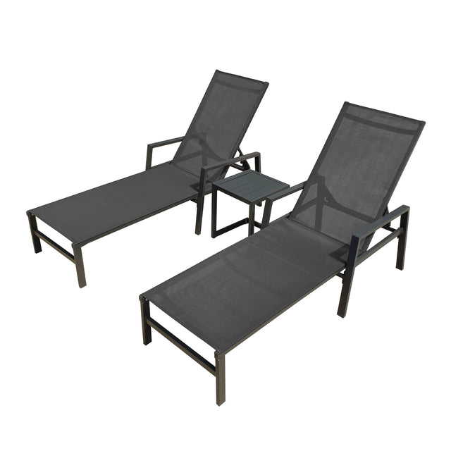 Outdoor 3-Pcs Set Chaise Lounge Chairs With Table,Five-Position Adjustable Aluminum Recliners Set,All Weather For Patio,Beach,Yard, Pool(Grey Frame/Dark Gray Fabric)