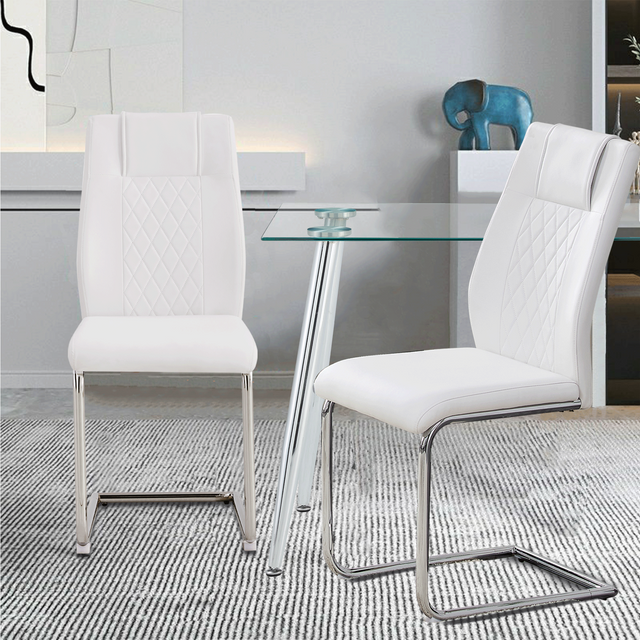 Modern Dining Chairs With Faux Leather Padded Seat Dining Living Room Chairs Upholstered Chair With Metal Legs Design for Kitchen, Living, Bedroom, Office Chairs Set of 2 (White+PU Leather)