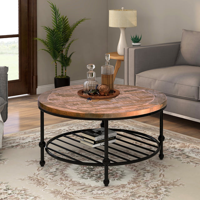 TREXM Rustic Natural Round Coffee Table with Storage Shelf for Living Room, Easy Assembly (Round)
