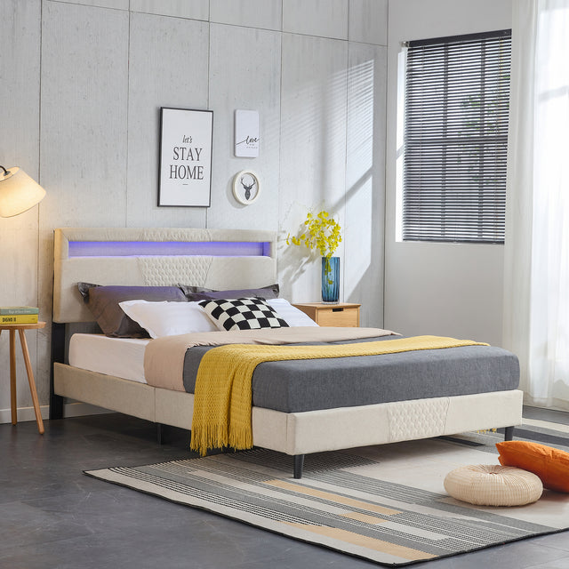 King Size Bed Frame, Modern Upholstered Platform Bed Frame with LED Lights and Height Adjustable Headboard, No Box Spring Needed/Easy Assembly/Pack in 1-Box/Noise-Free (Off white, King)