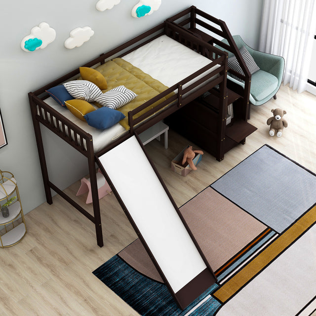 Twin Size Loft Bed with Storage and Slide, Espresso