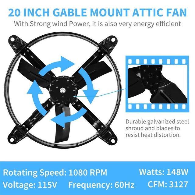HealSmart 20 Inch Gable Mount Fan Attic Ventilator with Adjustable Temperature Thermostat, 3127 CFM, Black