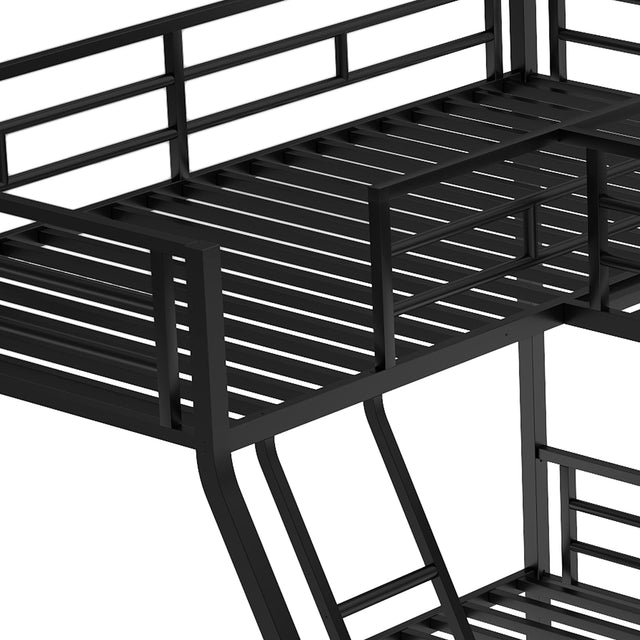 Twin over Full Bunk Bed with a Twin Size Loft Bed attached, with a Desk, Metal, Black