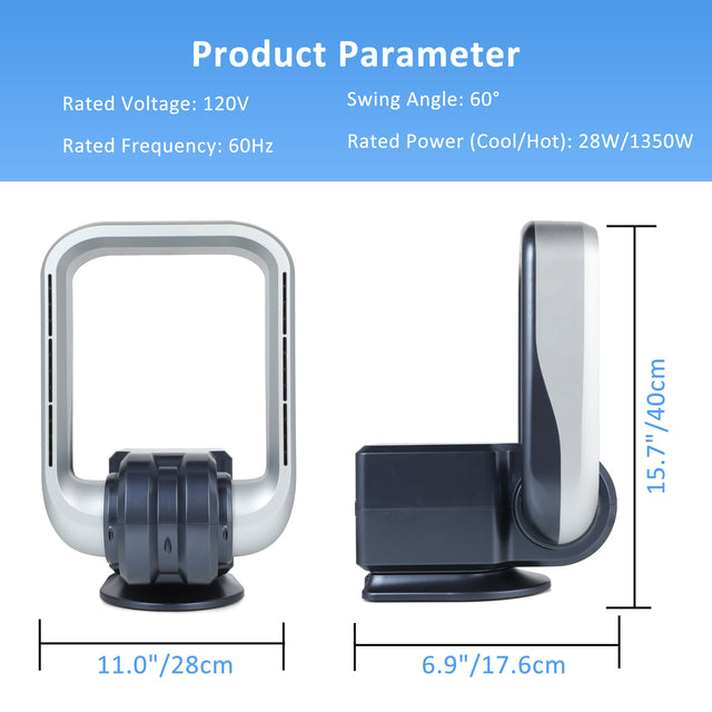 InfiniPower Wall Mounted Fan Bladeless with Remote Controller, 2-in-1 No Leaf Heater & Fan Combo with Rotatable Head, 9-Hour Timing, 3 Gear Normal & Heating Airflow Adjustable, Grey, 15.7 "