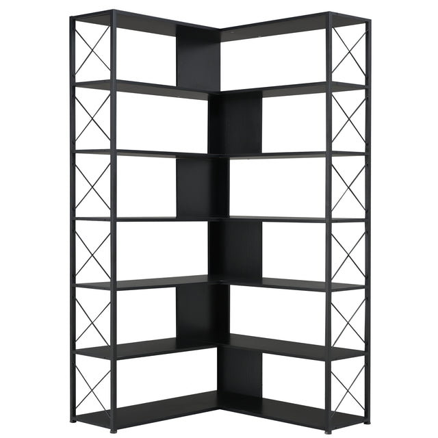 7-Tier Bookcase Home Office Bookshelf, L-Shaped Corner Bookcase with Metal Frame, Industrial Style Shelf with Open Storage, MDF Board