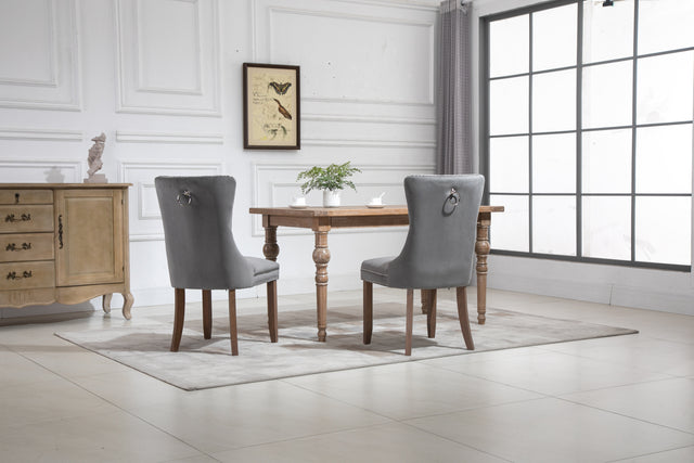Upholstered Button Tufted Back Gray Velvet Dining Chair with Nailhead Trim and Solid Wood Legs 2 Sets
