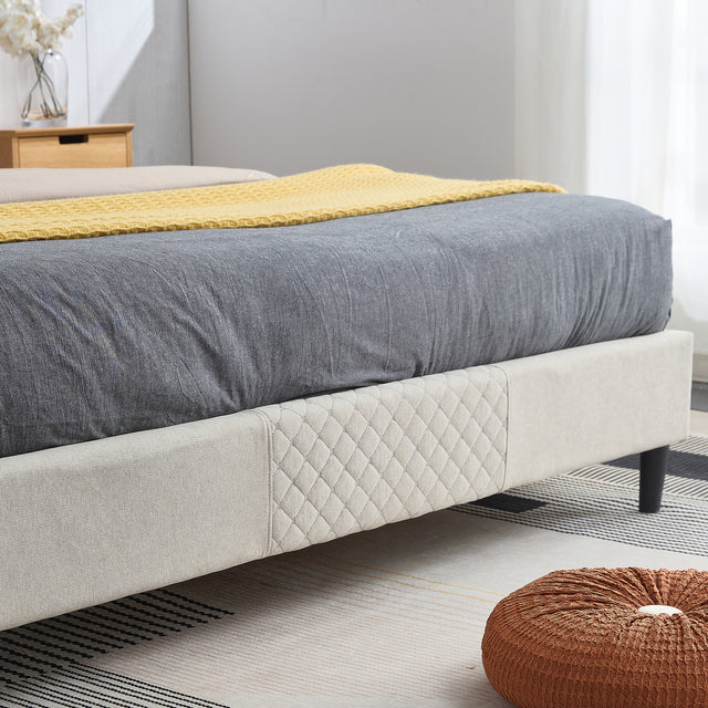 Full Size Platform Bed Frame with Fabric Upholstered Headboard and Wooden Slats Support, Fully Upholstered Mattress Foundation/No Box Spring Needed/Easy Assembly, Beige