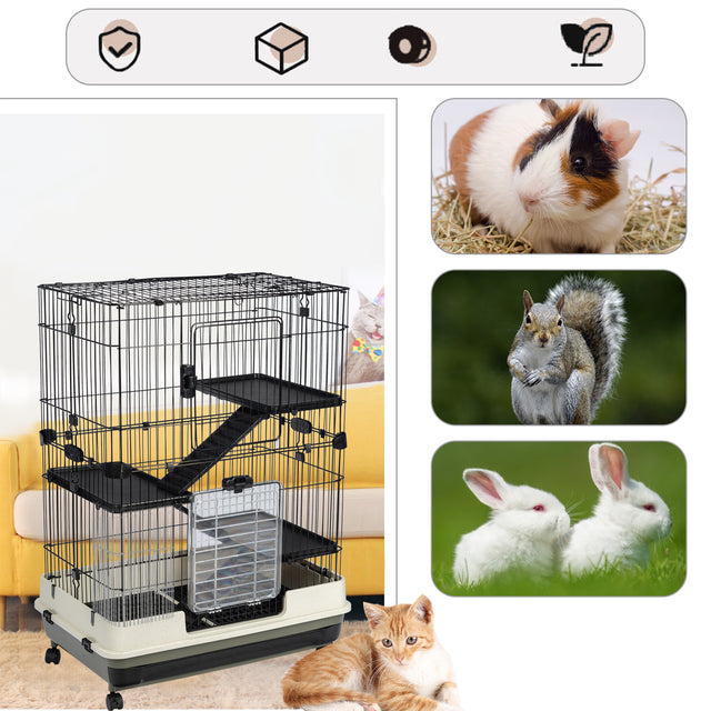 4-Tier 32"Small Animal Metal Cage Height Adjustable with Lockable Casters Grilles Pull-out Tray for Rabbit Chinchilla Ferret Bunny Guinea Pig Squirrel Hedgehog(BLACK)(=OLD SKU:W69133214)