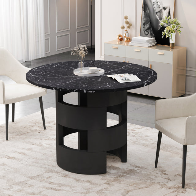 42.12"Modern Round Dining Table with Printed Black Marble Table Top for Dining Room, Kitchen, Living Room