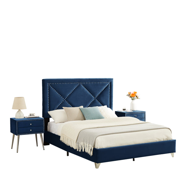 B109 Queen bed with one nightstand,Beautiful brass studs adorn the headboard, strong wooden slats + metal legs with Electroplate