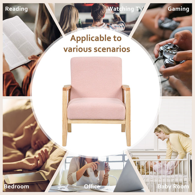 【EAT 3.10】Mid-Century Armchair Rattan Mesh Upholstered Accent Chair,Teddy Short Plush Particle Velvet Armchair for Living Room,Bedroom, Office, Studio,Pink