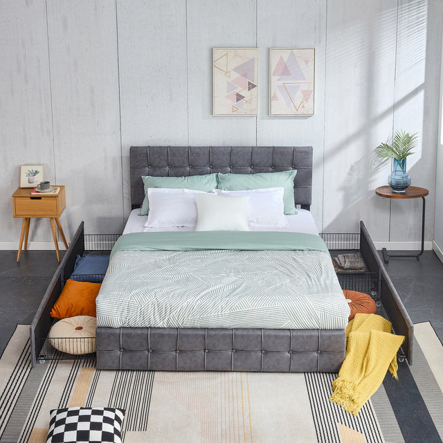Hot Sale Queen Size Dark Grey Tech cloth Button Embedded Adjustable Headboard Height Upholstered Platform Bed Frame with Storage Drawers