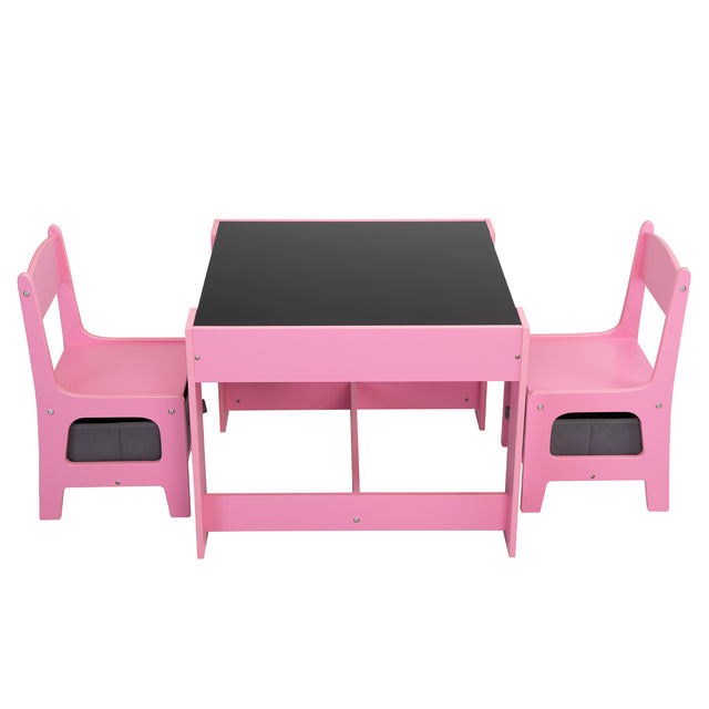 3-in-1 Kids Wood Table and 2 Chairs, Children Activity Table Set with Storage, Blackboard, Double-Sided Table for Drawing,Pink & Gray