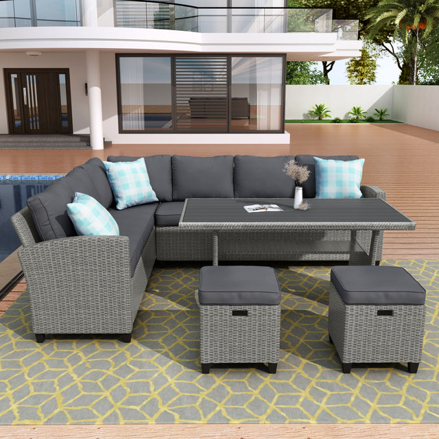 U_STYLE Patio Furniture Set, 5 Piece Outdoor Conversation Set, Dining Table Chair with Ottoman and Throw Pillows